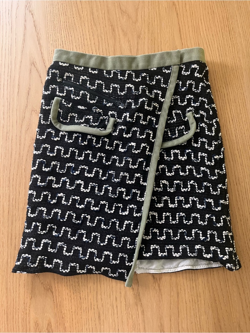 Vena Cava Black & White Patterned Mini Skirt with Olive Trim